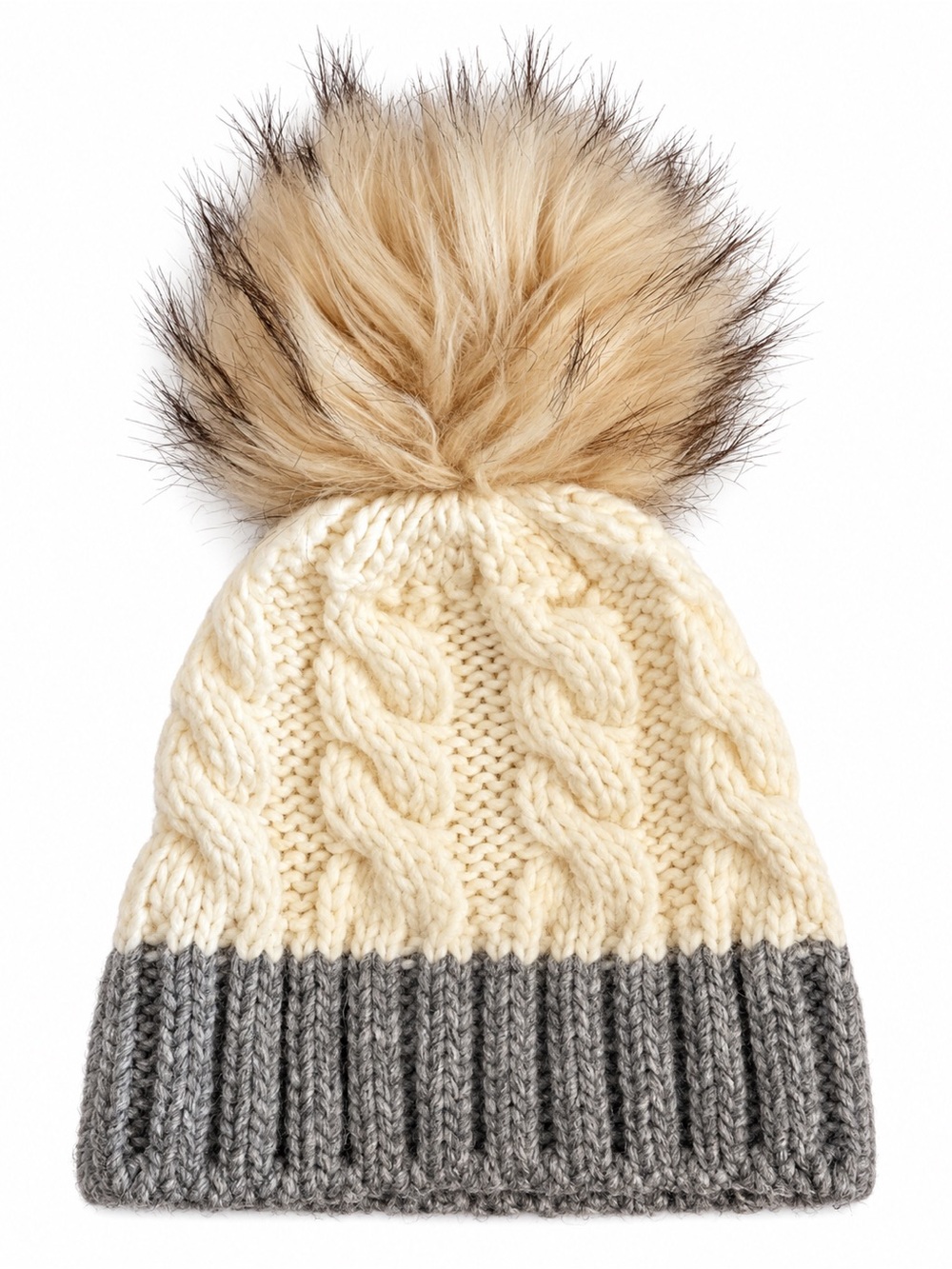 Cream Gray Cable Knit Beanie Faux Fur Pom Pom Winter Hat Cozy Ski